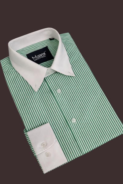 Green Stripes With White Contrast Collar Shirt