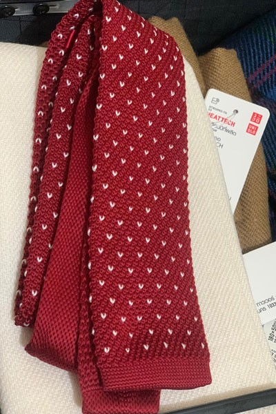 Burgundy Red Knitted Tie With White V Dots